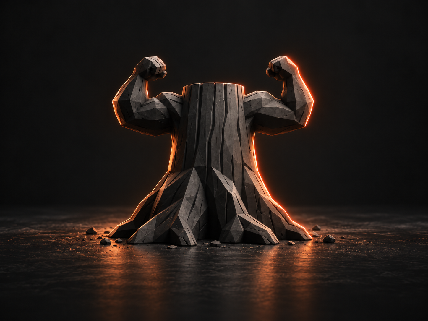 A sculptural tree stump with flexing fists and spreading roots, lit by warm orange light from a low viewpoint